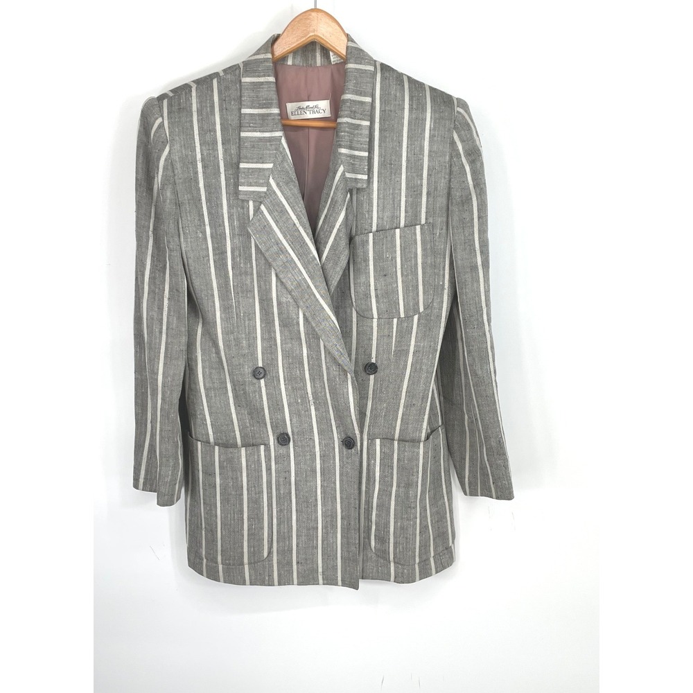 Ellen Tracy Linda Allard Women Blazer 10 Double Breasted Grey White Stripe Linen